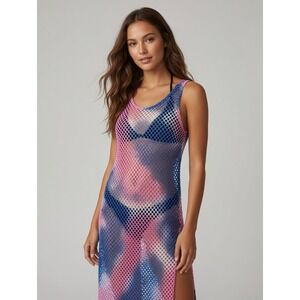 Buzz Pink Blue Tie Dye Fishnet Mesh Maxi Dress Swim Cover Up One Size Side Slit